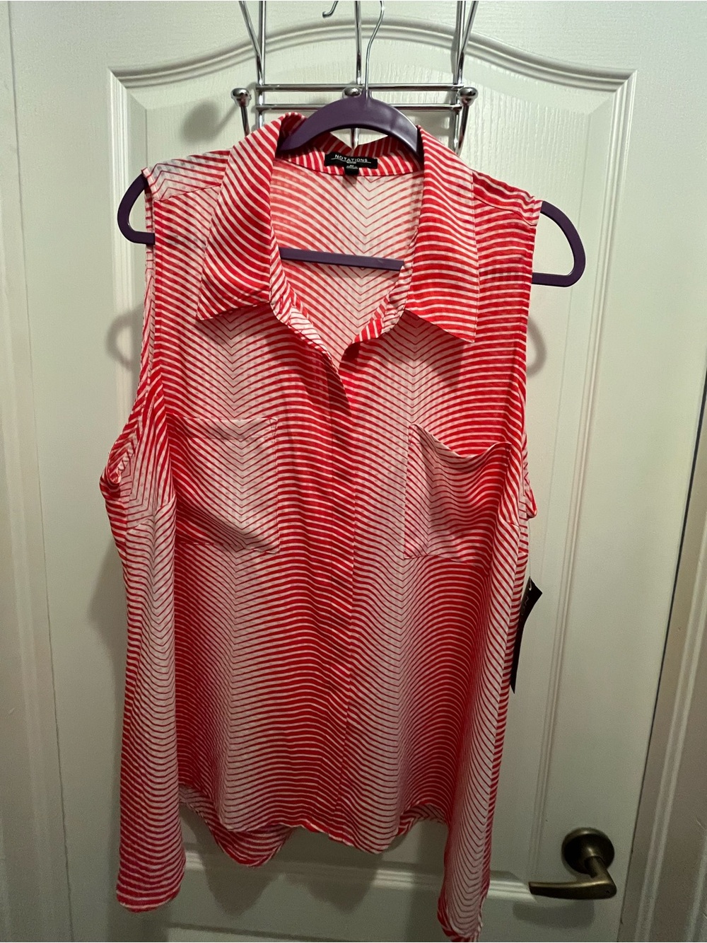NWT Notations Red and White Striped Sleeveless Collar Georgette Blouse